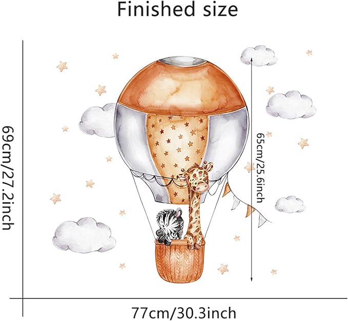 Waterproof Removable Vinyl PVC Hot Air Balloon Zebra Giraffe Safari Animal Wall Decal Wall Sticker Decor Wallpaper Peel Art for Nursery Kidsroom School Classroom Livingroom Bedroom Bathroom