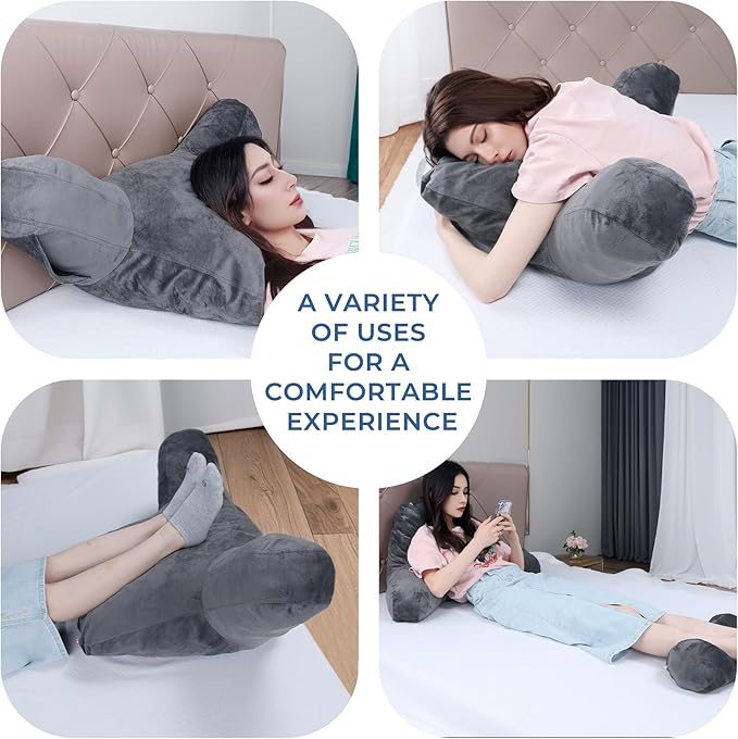 COOLBEBE Reading Pillow for Bed Backrest Pillow for Bed Sitting Up Adult with Arms Grey Back Support Pillow with Headrest & Pockets, Removable Washable Cover and Detachable Neck Roll(Standard 18")