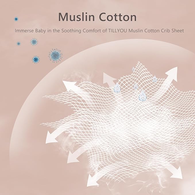 TILLYOU 2 Pack Muslin Crib Sheet for Boys and Girls - 100% Cotton Fitted Crib Sheet for Toddler Standard Crib Mattress, Soft and Breathable, 52"x28"x8",Light Purple&Light Pink