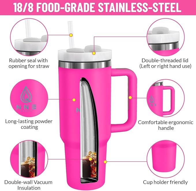 40oz stainless Steel Insulated Tumbler with Handle, lid and straw for cold water, Iced tea, or coffee - 100% Leak-Proof - Cupholder Friendly Travel Mug- Gifts for Women Men Him Her (Pink)
