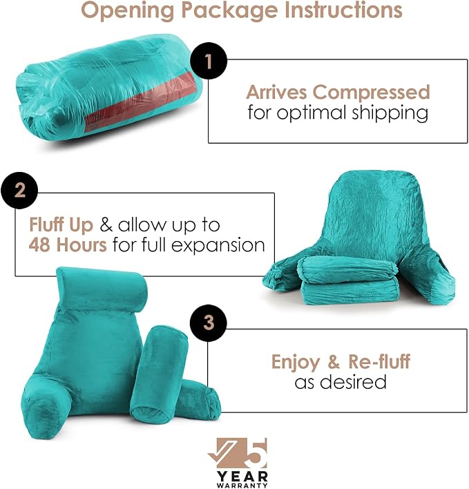 Nestl Reading Pillow Large Bed Pillow, Back Pillow for Sitting in Bed Shredded Memory Foam Chair Pillow, Reading & Bed Rest Pillows Teal Back Pillow for Bed, Bed Chair Arm Pillow with Pockets