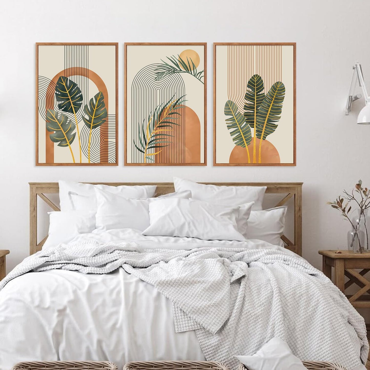 KAIRNE Boho Canvas Wall Art,Tropical Palm Leaf Wall Decor,Mid-Century Geometric Illustrations Set of 3(16”X24”),Abstract Line Pictures,Modern Botanical Prints for Living Room Bedroom Dining Room Decor
