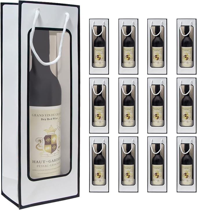 WAKAKO 12 Pcs Wine Gift Bags for Wine Bottles, Reusable Clear Window Wine Bottle Bags Bulk with Handles for Weddings, Valentine's Day, Birthday, Party, Graduations, Thanksgiving (White)
