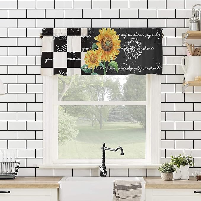 Buffalo Plaid Valance Curtains for Windows, Farmhouse Sunflower Rod Pocket Valances Window Treatments Simi Sheer Short Curtains for Kitchen Bedroom Living Room,54" X 18" -1 Panel,Black White