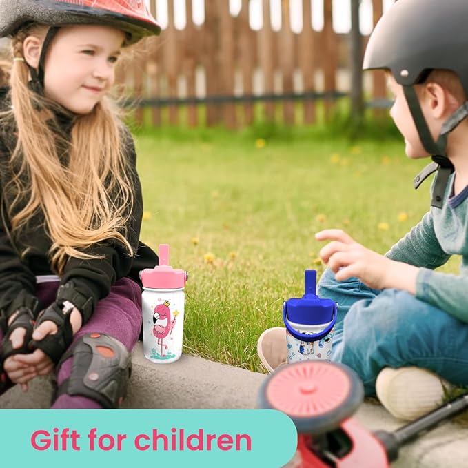 Flamingo Water Bottle - Kids Water Bottle with Straw Lid - 12 Oz Insulated Stainless Steel Water Bottles for Toddlers Kid Girls - Travel Cup for School Sports
