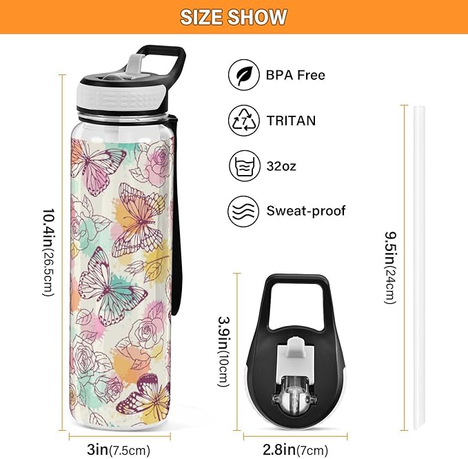 Water Bottle with Straw Butterflies Roses Sports Bottles BPA-Free Tritan Vintage Water Jug with Carrying Strap for Women Men Gym Outdoor Sports