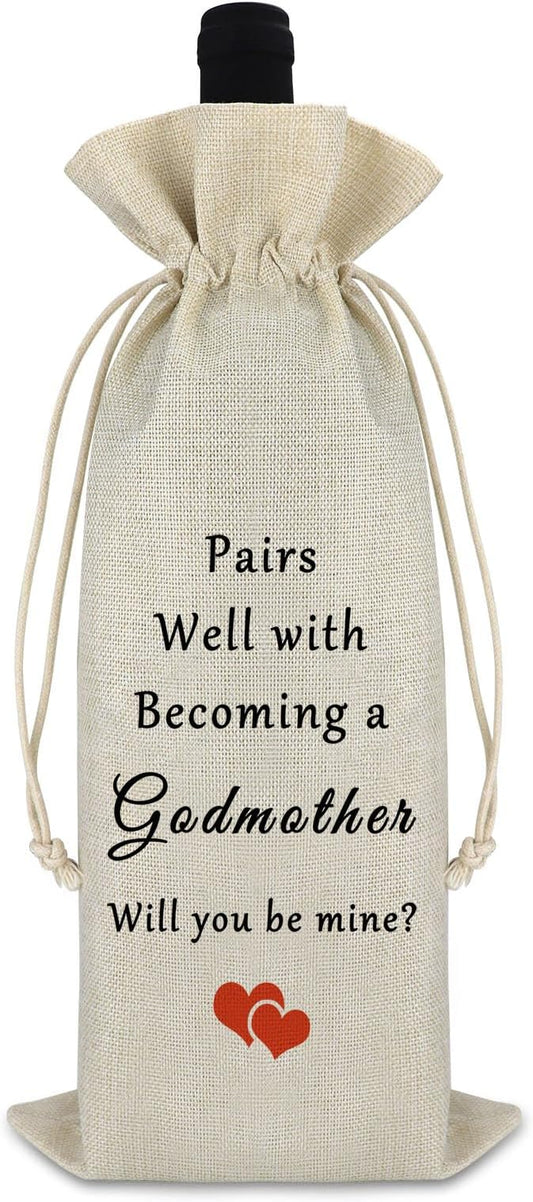 Mother’s Day Gift Godmother Gift from Godchild Godmother Wine Bag Pregnancy Announcement Gift for Friends Birthday Christmas Gift for Aunt Godmother Drawstring Burlap Wine Bottle Bag Thanksgiving Gift