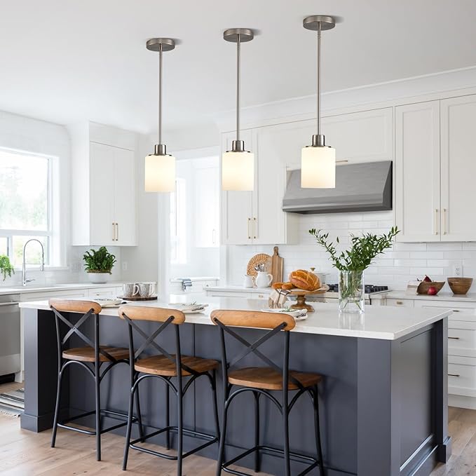 Brushed Nickel Pendant Lights Kitchen Island - Milk Glass Pendant Light Fixture Multiple Stems Rods 3 Units 12 Inch 3 Units 4 Inch (2 Pack Brushed Nickel Downrod)