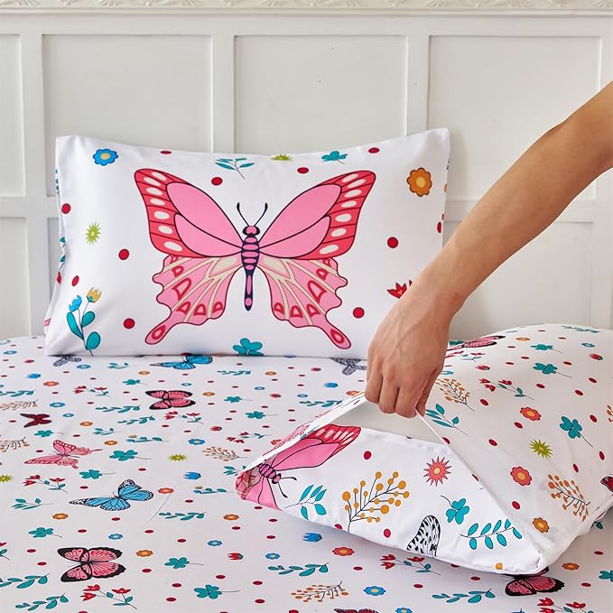 RYNGHIPY Girls Bed Sheets Full: Butterfly Sheets Set for Girls Kids Bedsheets Deep Pocket 100% Microfiber Print Sheet Pillowcase Sets (Multicolor,Full)
