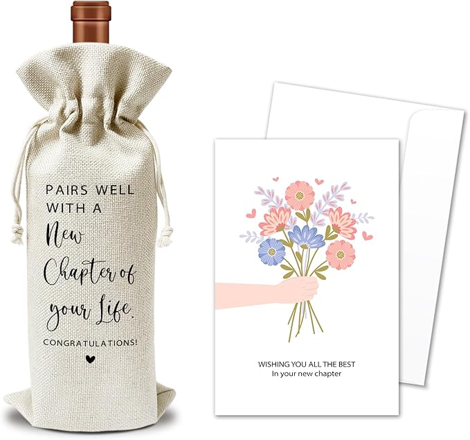 New Job Gifts Wine Gift Bags & Card, New Life Gifts, New Job, New House, Engagement, Retirement Gift, 1 pcs Reusable Burlap Wine Gift Bags for Wine Bottles, New Beginning Gifts Holiday Party Favor -21