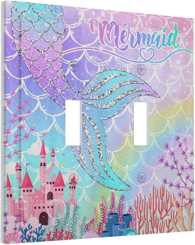 Silvery Glitter Cute Mermaid Tail Fantasy Castle Double Toggle Light Switch Covers 2 Gang Wall Plate Dual Decorative Switchplate Electrical Faceplate for Kidroom Nursery Bedroom Kitchen Decor