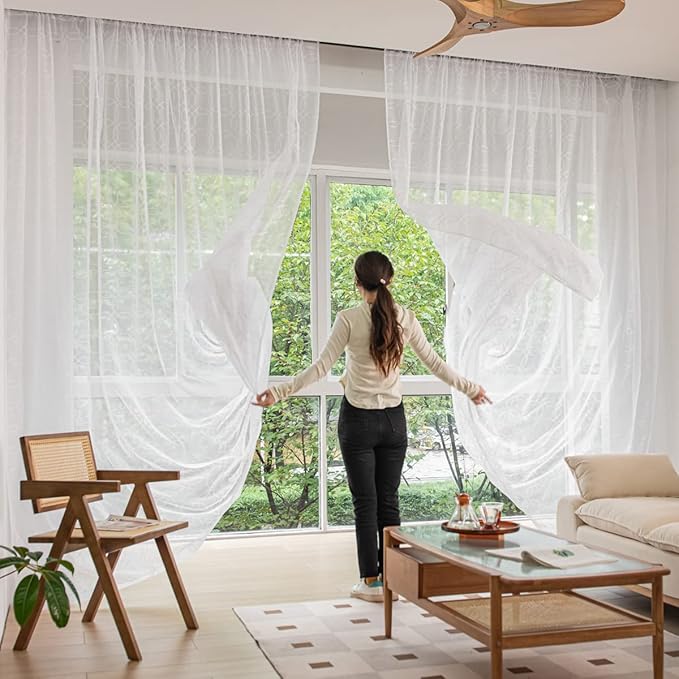 Windows Embroider-Heptagon Sheer White Curtains 63 Inches Length 2 Panels Voile Light Filtering Sheer Curtains Panel Basic Rod Pocket Sheer for Bedroom Living Room Children Room