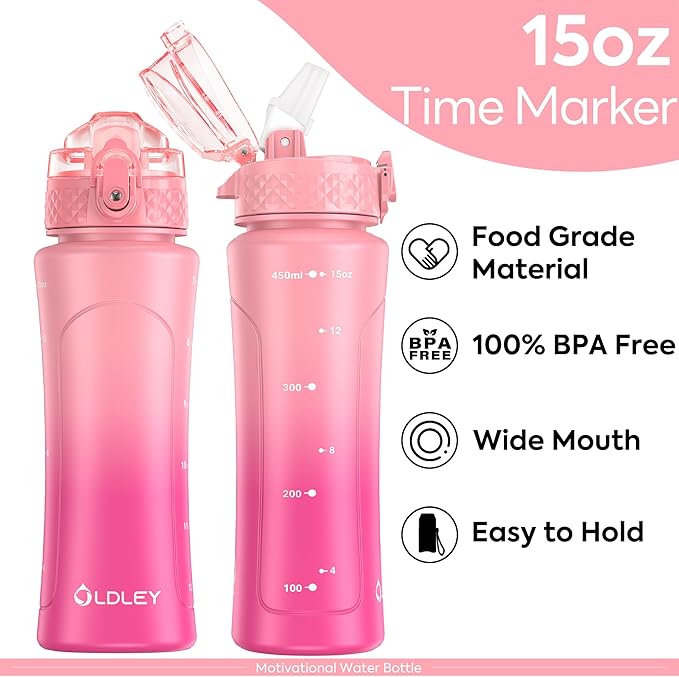 OLDLEY Kids Water Bottle with Straw 15 oz BPA-Free Leak-Proof Motivational Water Bottles with Time Marker for School Sports Travel Gym, Easy to Use for Girls Goys, 1 Straw Lid, Pink Purple
