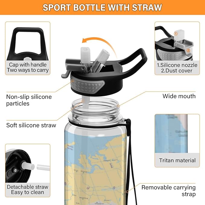 Kigai World Map Clear Water Bottle with Straw Lid, BPA-Free Leakproof Sport Water Bottle 32oz Large Gym Water Jug for Men Women Travel Fitness Outdoor