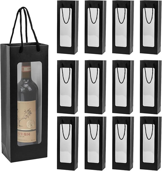 Ssyuysto 12 Pcs Black Wine Gift Bag with Window 4.9" x 3.34" x 14.1" Kraft Paper Wine Bags with Windows Flower Wrapping Bag Transparent Window Bags for Birthday Wedding Party Gift (Black)