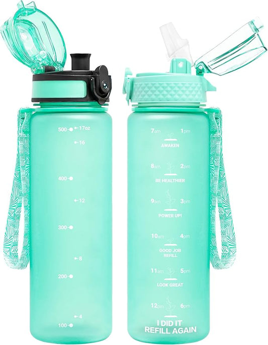 OLDLEY Kids Water Bottle for School, 17 oz (2 lids) BPA-Free Reusable Leak-proof Durable Tritan Plastic Water Bottles with Straw & Chug Lids, Anti-dust Spout Cover (Mint Green)