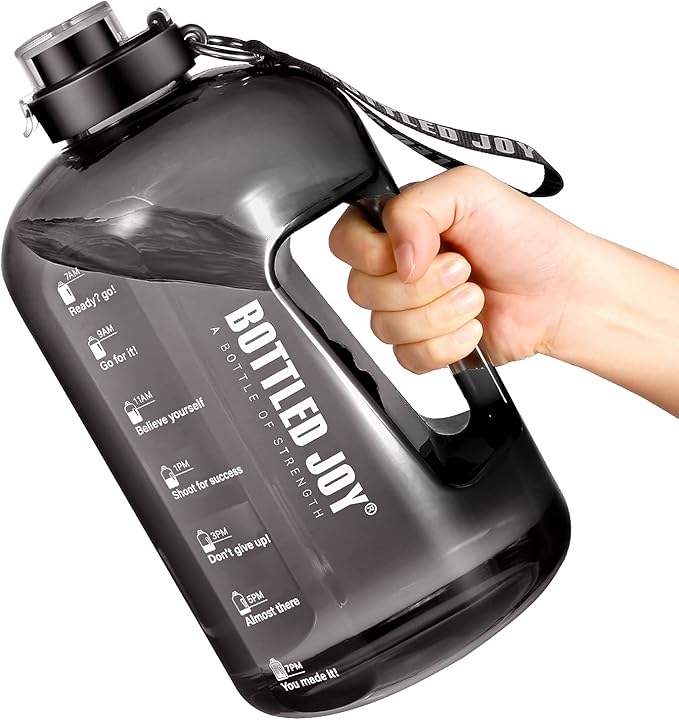 Water Bottle with Time Markings, 1 Gallon/ 3.5L Sports Water Bottle with Handle Leakproof Reusable & BPA Free, Flip Cap with Cleaning Brush Daily Water Intake Bottle Ideal for Gym Office