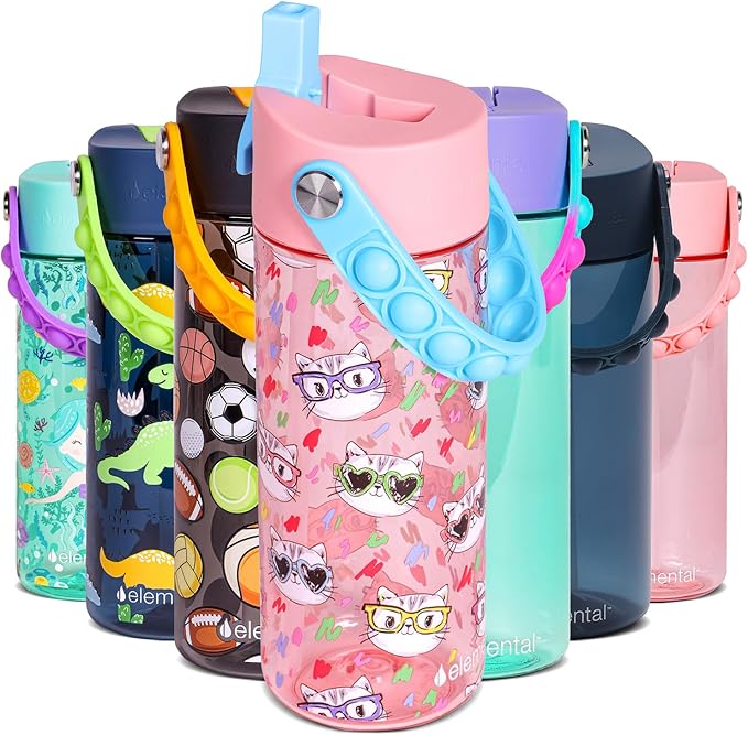 Elemental Leak Proof Water Bottles for Kids - Splash Kids Water Bottle for School with Fun Fidget Pop-it Handle - BPA Free Tritan Plastic Reusable Water Bottle with Straw - Stylish Cat - 18oz