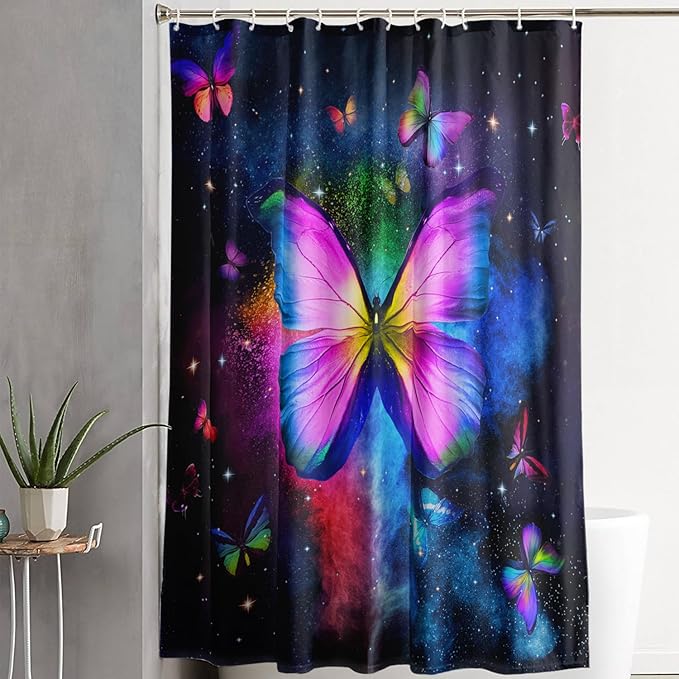 AILONEN Butterfly Shower Curtain Bathroom 72" W*72" H Sparkly Colourful Butterfly Curtain Cloth Fabric Bathroom for Girls Kids,Deep Color Shower Curtain Set