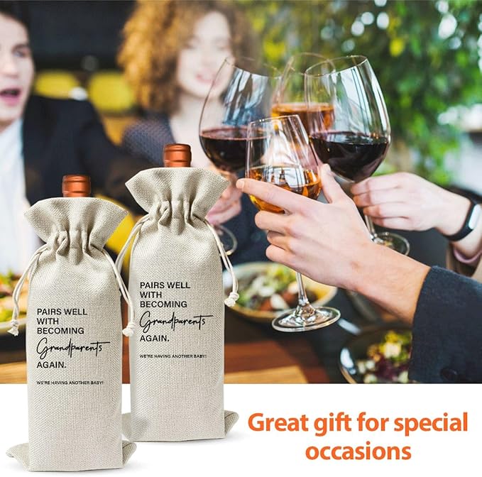 Grandparents Gifts Wine Bag, Bags Gift For New Grandpa Grandma Grandparents Aunt Uncle Baby Announcement Wine Gift, Baby Announcement Cotton Burlap Wine Bag
