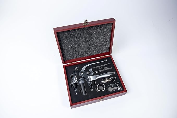 Wine Bottle Opener Set with Accessories Polished Silver in Wood Box, Aerator, Extra Screws, Foil Cutter, Pourer, Vaccu Stopper, Winged Wine Opener, Rabbit Red Wine Corkscrew Set (Polished Silver)