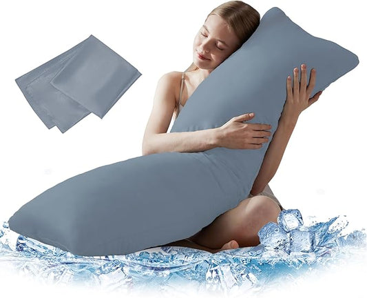 DOWNCOOL Large Body Pillow Insert with Cooling Cover - Soft Long Bed Pillow for Summer - Breathable Full Body Pillow for Adults - 20x54 inch (Grey, with Cover)