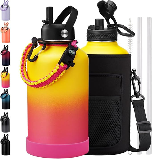 64 oz Water Bottle Insulated - Keep Cold 48H & Hot 24H, Half Gallon Water Jug with Paracord Handle, Straw Spout Lids, Stainless Steel Flask Canteen, Large Water Bottle for Women Men Work Sport