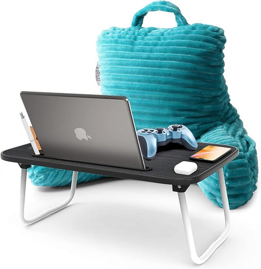 Nestl Reading Pillow with Portable Lap Desk Stand for Laptop 19x11”, Cut Plush Striped Back Pillow, Back Support Pillow, Shredded Memory Foam Bed Rest Pillow with Arms for Kids & Teens, Small - Teal