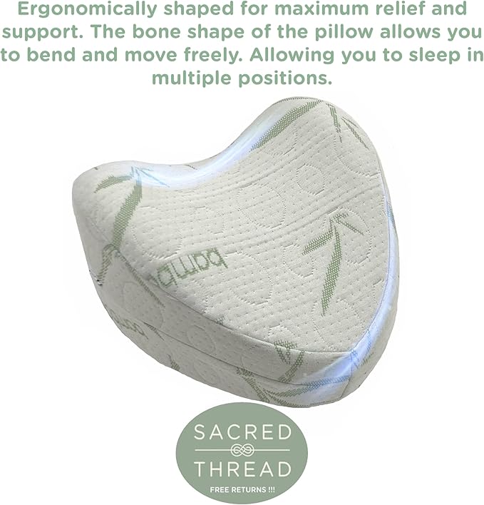 Sacred Thread Memory Foam Knee Pillow for Side Sleepers, for Knee, Hip, and Back Pain, Cooling Rayon Made from Bamboo Cover, Pillow for Between Legs (White Heart)
