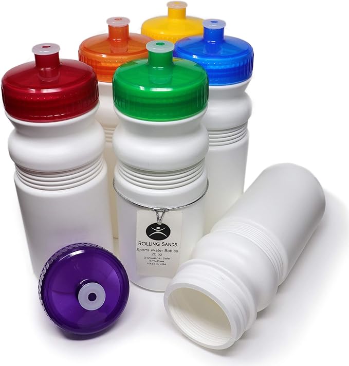 Rolling Sands 20 Ounce Sports Water Bottles 6 Pack, BPA-Free, Made In USA, Dishwasher Safe, White/Rainbow
