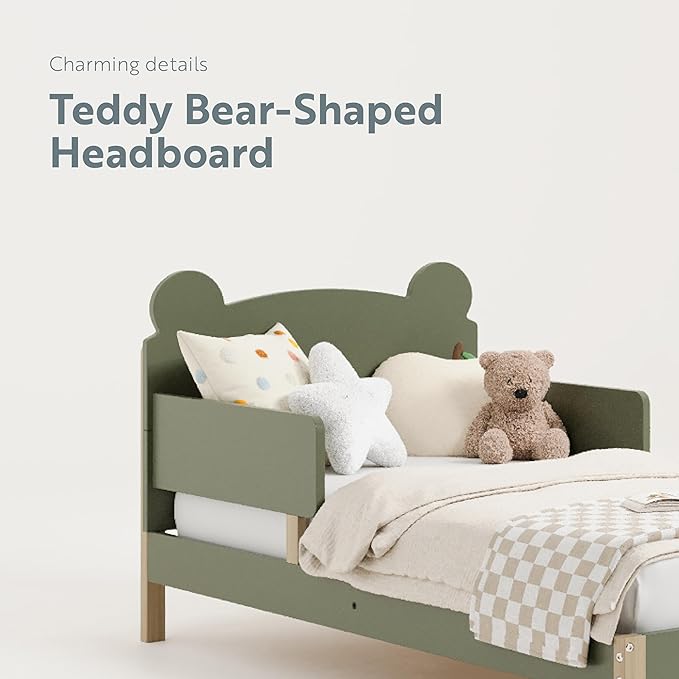 Storkcraft Teddy Bear Toddler Bed (Olive with Driftwood) - GREENGUARD Gold Certified, includes Toddler Safety Guardrails, Fits Standard Crib & Toddler Mattress, Stylish 2-Tone Design