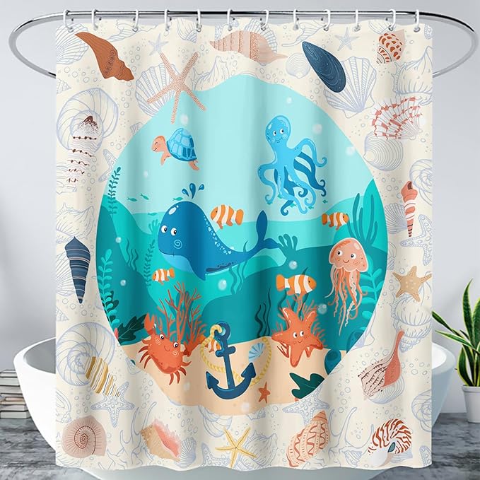 AILONEN Cartoon Dolphin Shower Curtain for Kids Boys Girls,Cute Sea Animals Waterproof Fabric Shower Curtain for Bathroom,Ocean Shell Theme Shower Curtain Set with Hooks,72" W*72" H