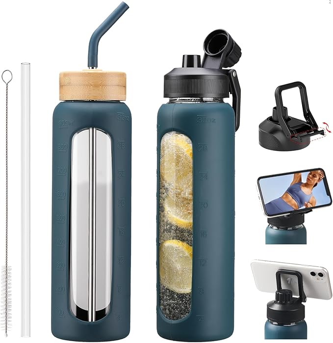 Glass Water Bottles with Straw -32oz- Water Bottle Phone Holder for Gym Large Motivational Water Bottle with Time Marker Glass Drinking Bottles 2 Lids - Spout & Bamboo Straw Lid(Dark Blue)