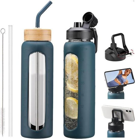 Glass Water Bottles with Straw -32oz- Water Bottle Phone Holder for Gym Large Motivational Water Bottle with Time Marker Glass Drinking Bottles 2 Lids - Spout & Bamboo Straw Lid(Dark Blue)