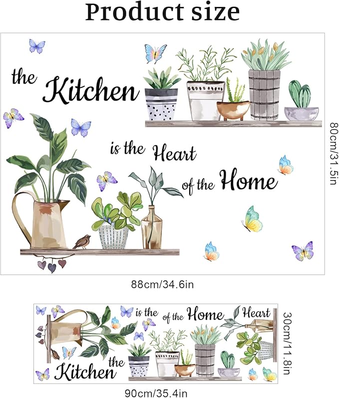Green Plants Shelves Wall Deals Potted Plants Leaves Wall Stickers The Kitchen is The Heart of Home Word Saying Peel and Stick Wall Art Decals for Kitchen Dining Room Restaurant Living Room Wall Decor
