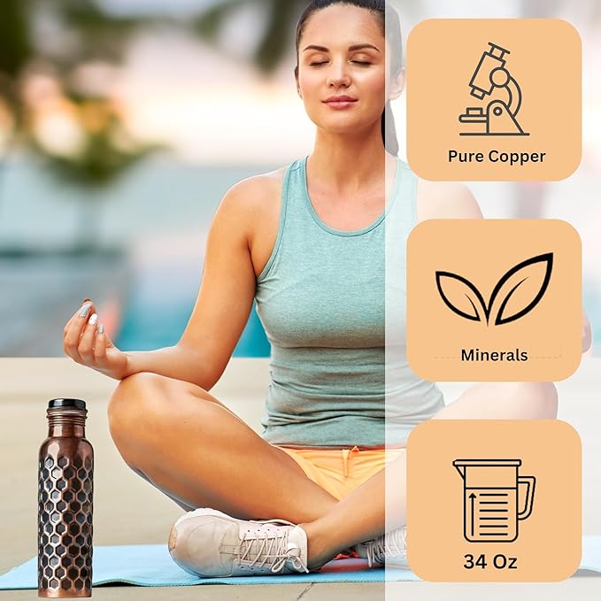 Copper Water Bottle - Antique Finish Ayurvedic Pure Copper Drinking Vessel, Water Lid Bottle Best for Camping, Hiking, Office, Gym, Yoga Travel, Outdoor 34 Oz