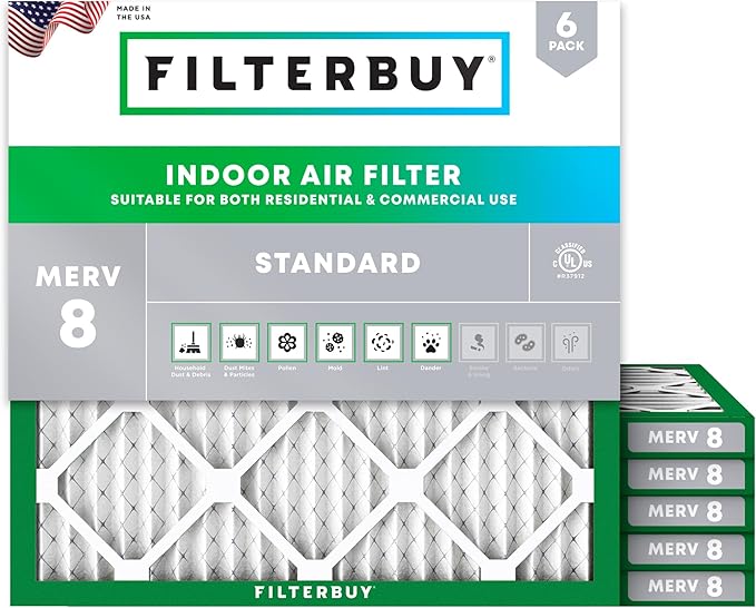 Filterbuy 19x19x1 Air Filter MERV 8 Dust Defense (6-Pack), Pleated HVAC AC Furnace Air Filters Replacement (Actual Size: 19.00 x 19.00 x 0.75 Inches)