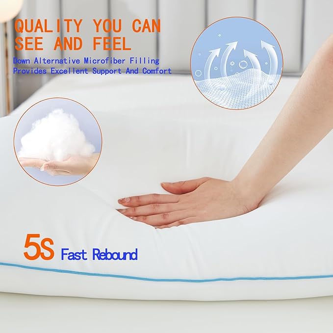 Bed Pillows for Sleeping - Pillows Queen Size Set of 4 Cooling Luxury Hotel Quality Pillow with Premium Plush Soft Down Alternative Fill for Side Back or Stomach Sleepers