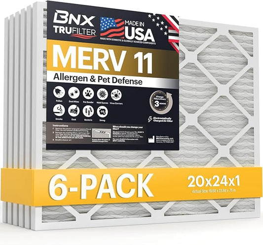 BNX TruFilter 20x24x1 Air Filter MERV 11 (6-Pack) - MADE IN USA - Allergen Defense Electrostatic Pleated Air Conditioner HVAC AC Furnace Filters for Allergies, Dust, Pet, Smoke, Allergy MPR 1200 FPR 7