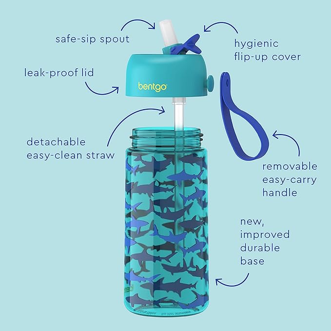 Bentgo Kids Water Bottle - Leak-Proof, Durable Tritan™, BPA-Free 15 oz. Cup for Kids/Toddlers Ages 3+ - Flip-Up Straw & Dishwasher Safe for School, Sports, Daycare & Camp (Sharks)