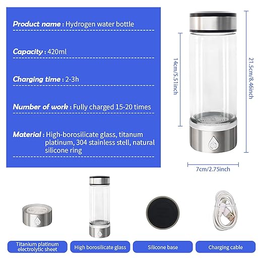 Hydrogen Water Bottle, Portable Hydrogen Water Bottle Generator, Rechargeable Water Ionizer Machine, 3 Minutes Water Quality Enhancement Health Water Bottle for Home Travel Sports Office (Silver)