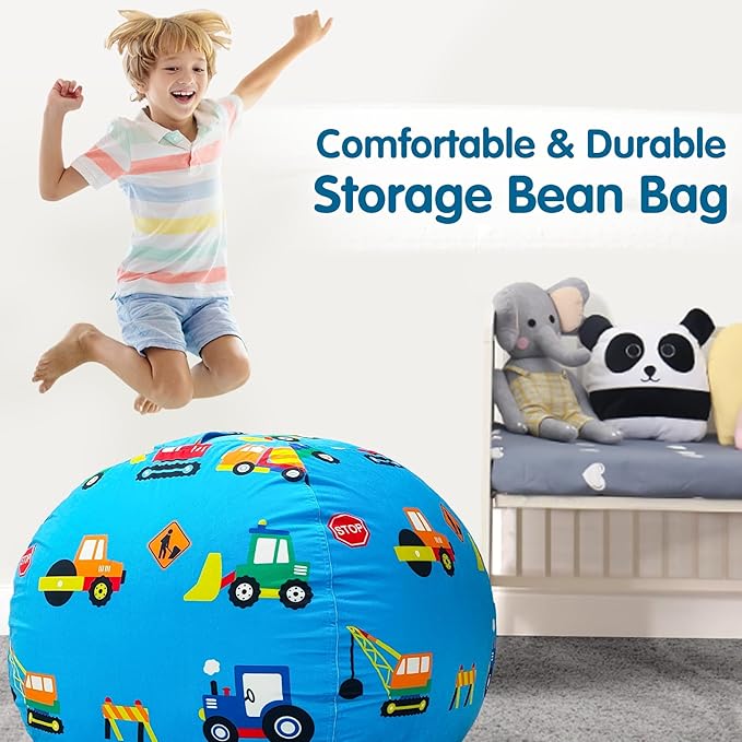 Lukeight Stuffed Animal Storage Bean Bag Chair Cover for Kids, Construction Zipper Beanbag Chair Cover for Organizing Toddler and Kids' Rooms Plush Toys (Construction Velvet, Large)