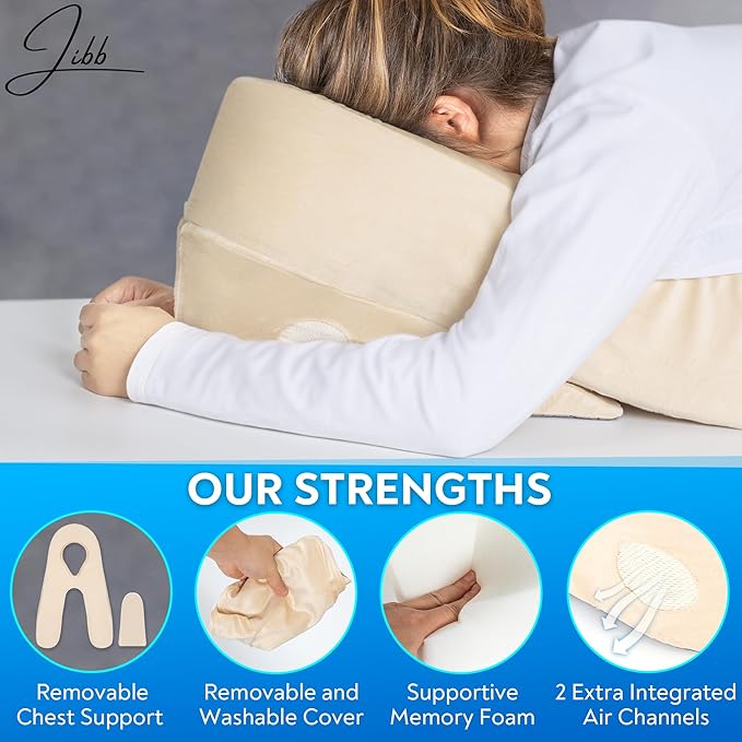 Jibb Deluxe Face Down Pillow for Stomach Sleeping or After Eye Surgery - Prone Pillow for Vitrectomy, Retinal Surgery or BBL - Massage Pillow with CertiPUR-US Certified Memory Foam Headrest.