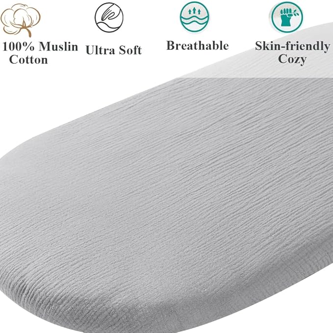 Muslin Bassinet Sheet Compatible with Snoo Smart Sleeper, Dream On Me Lacy Portable, Safety 1st Sleeper Bassinet, 2 Pack Cotton Fitted Bassinet Sheets for Baby Grey & Pink