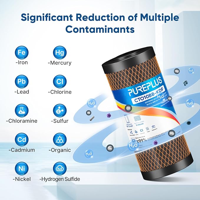 PUREPLUS 5 Micron 10" x 4.5" Whole House Coconut Shell Activated Carbon and KDF Water Filter, Heavy Metal Removal Replacement Water Filter, CTO10BB-KDF, 2 PACK