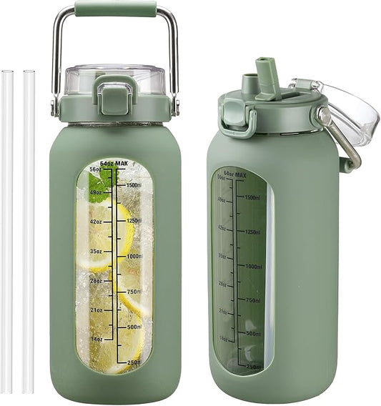 kytffu 64 oz Glass Water Bottle with Straw and Stainless Steel Handle, Half Gallon Water Bottle with Silicone Sleeve and Time Marker, 2L Large Glass Bottle for Gym, School, Travel, Leak-proof (olive)
