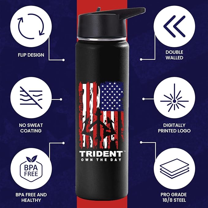 American Flag Water Bottle, 21 oz Insulated Water Bottle, Reusable Water Bottle with Straw, Leak Proof Water Bottles, Thermos Water Bottle - Retired Navy Combat Vet Small Business (Black, 21 Oz)