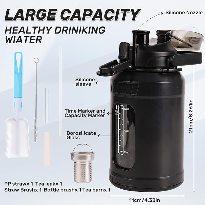 Glass Water Bottle,Inspirational Water Bottle With Straw and Handle,Large Sports Motivational Water Bottle with Strap and Shell For Gym,Sports,Daily (32 oz)