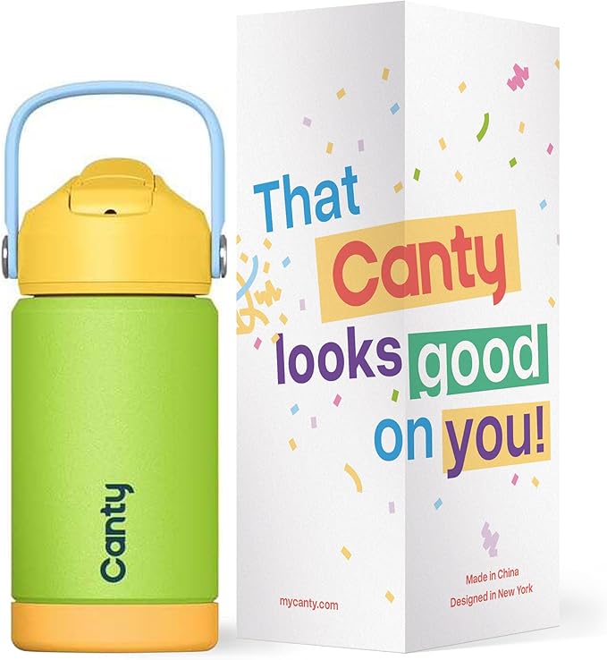 Canty Stainless Steel Water Bottle with Straw, Anti-Slip Base and Giftable Full Colored Box, Great for Travel (Lime Green, 12 Oz)