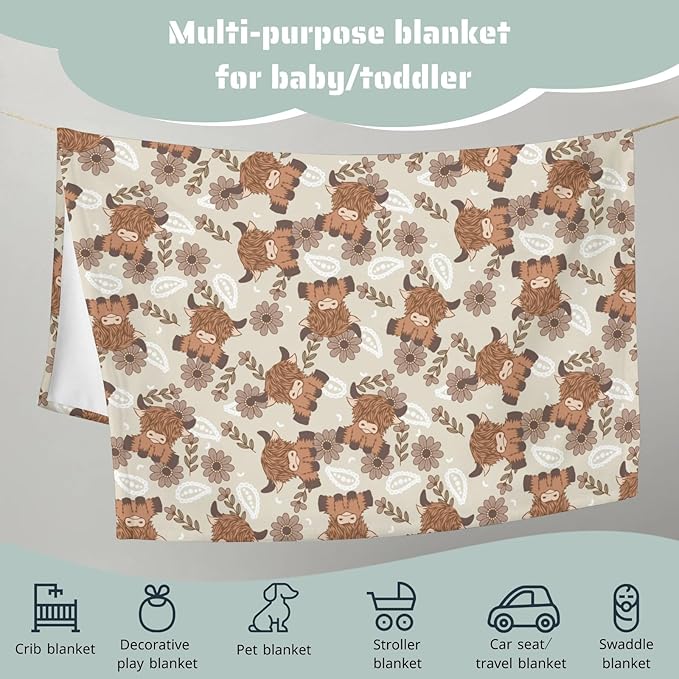 Boho Highland Cow Paisley Floral Baby Blanket Girls Gift, Beige Western Cowgirl Flower Flannel Fleece Nursery Bed Blankets, Soft Lightweight Newborn Infant Toddler Kids Crib Bedding 30 x 40
